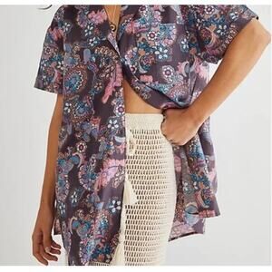 Free People Poolside Printed Boyfriend Button Up Shirt Sz XS Boho Paisley Retro
